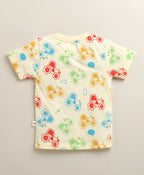 Bumzee Cream Graphic Print T-Shirt & Short Set, Half Sleeves, 100% Cotton