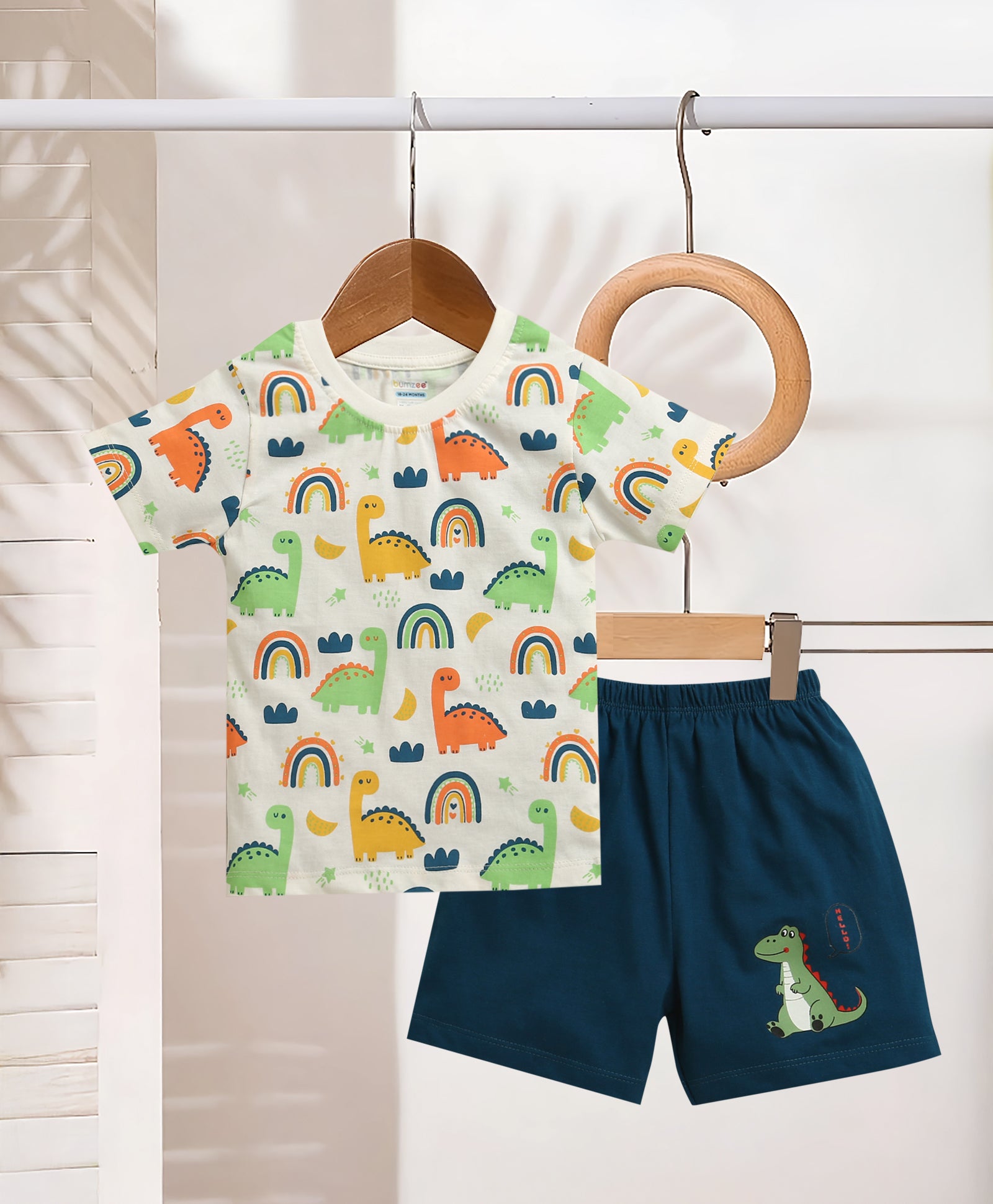 BUMZEE Off White & Teal Boys Half Sleeves T-Shirt & Short Set