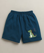 Bumzee Off White & Teal Animal Print T-Shirt & Short Set, Half Sleeves