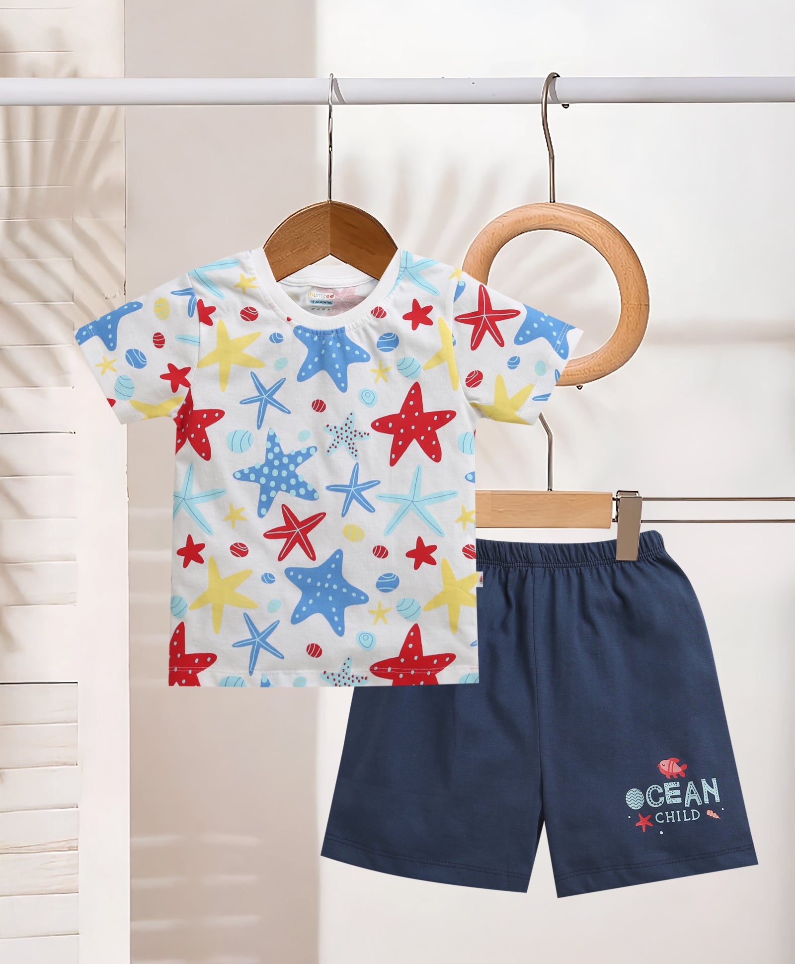 BUMZEE White & Navy Boys Half Sleeves T-Shirt & Short Set