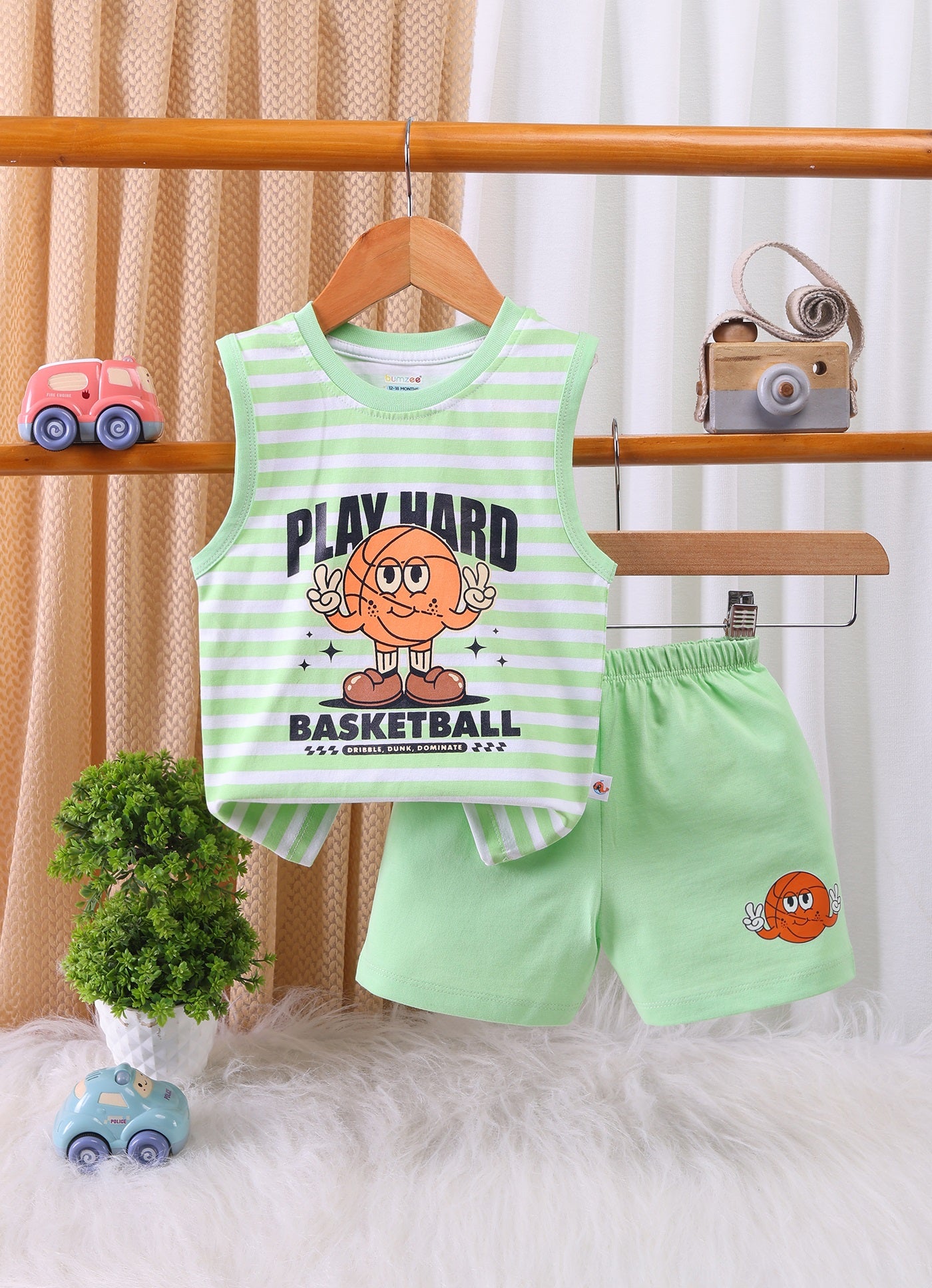BUMZEE Green & White Boys Sleeveless T-Shirt & Short Set