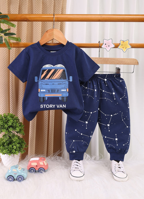Boys 100% Cotton Van Print T-Shirt & Pyjama Set - Navy