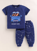 Bumzee Navy Graphic Print T-Shirt & Pyjama Set, Half Sleeves, 100% Cotton