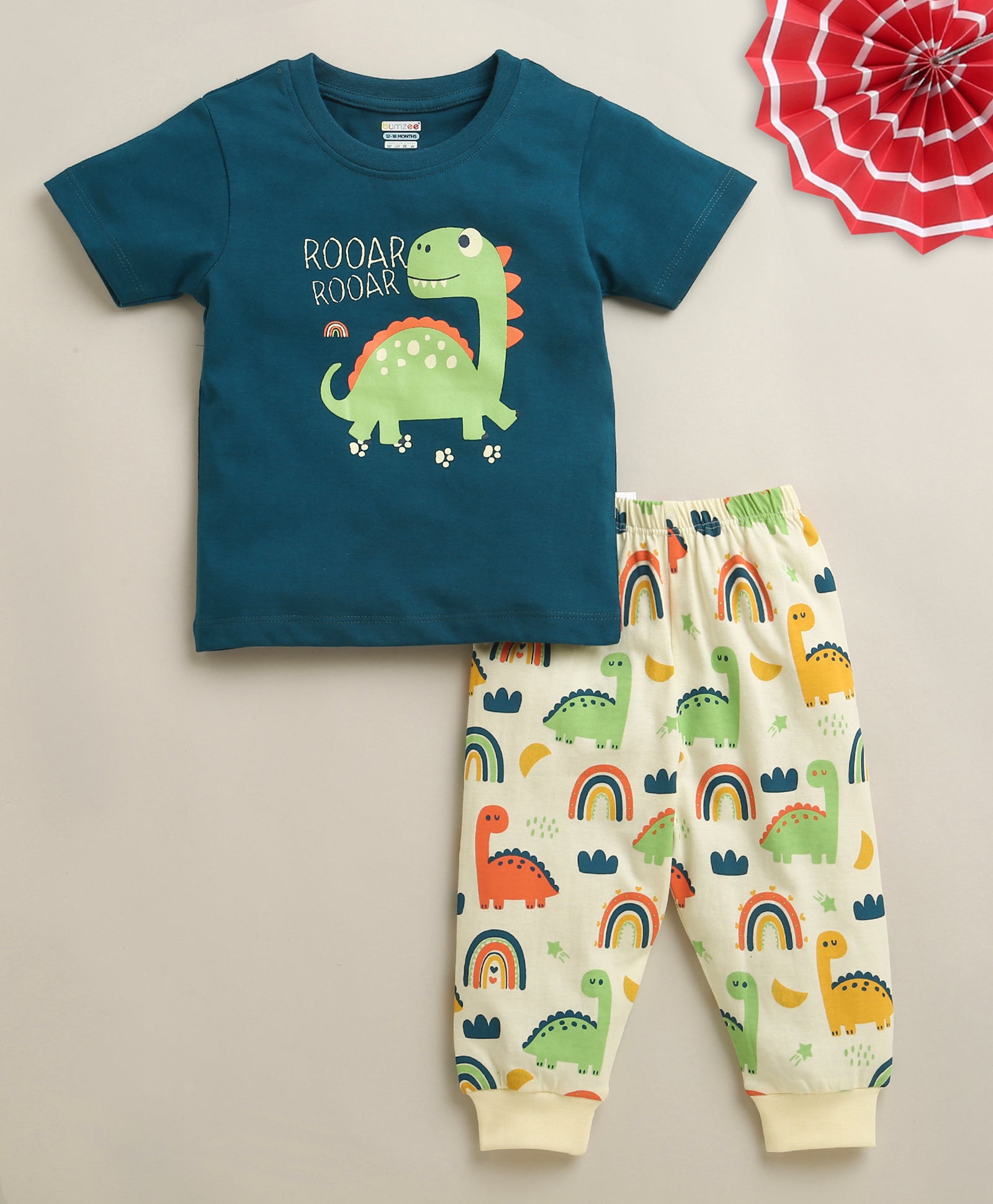 Teal Blue & Cream Boys Half Sleeves Cotton T-Shirt & Pyjama Set