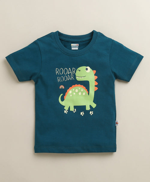 Boys 100% Cotton Dino Print T-Shirt & Pyjama Set - Teal Blue & Cream