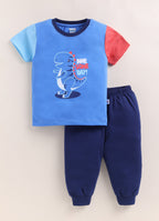 Bumzee Blue Animal Print T-Shirt & Pyjama Set, Half Sleeves, 100% Cotton (Style Peb11272)