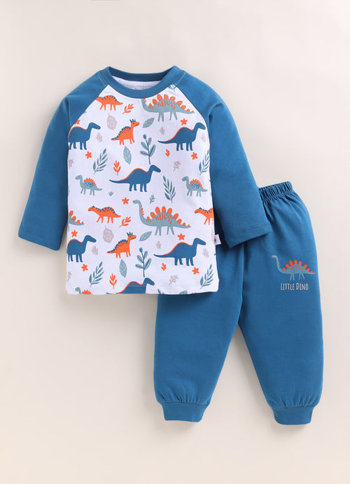 Boys 100% Cotton Dino Print T-Shirt & Pyjama Set - Navy & White
