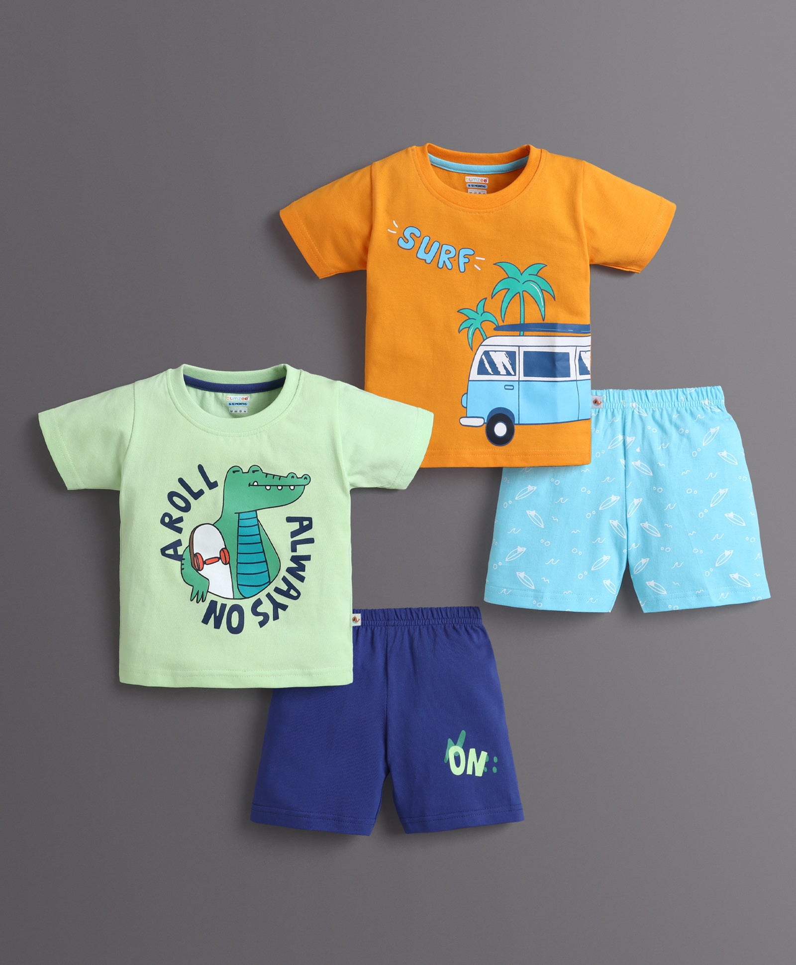 BUMZEE Orange & Green Boys Half Sleeves T-Shirt & Short Set Pack of 2
