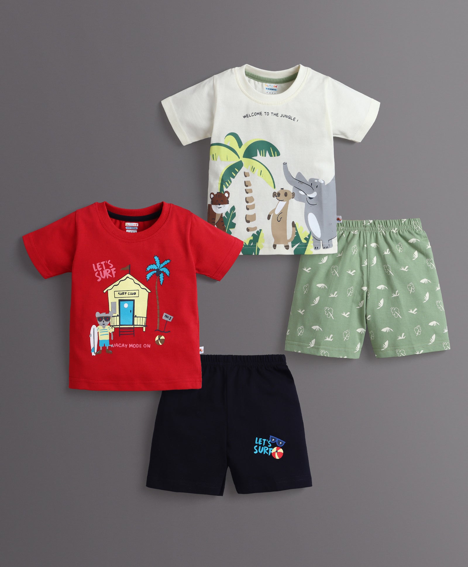 BUMZEE Red & Cream Boys Half Sleeves T-Shirt & Short Set Pack of 2
