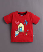 Bumzee Red & Cream Animal Print T-Shirt & Short Set, Pack of 2, Half Sleeves
