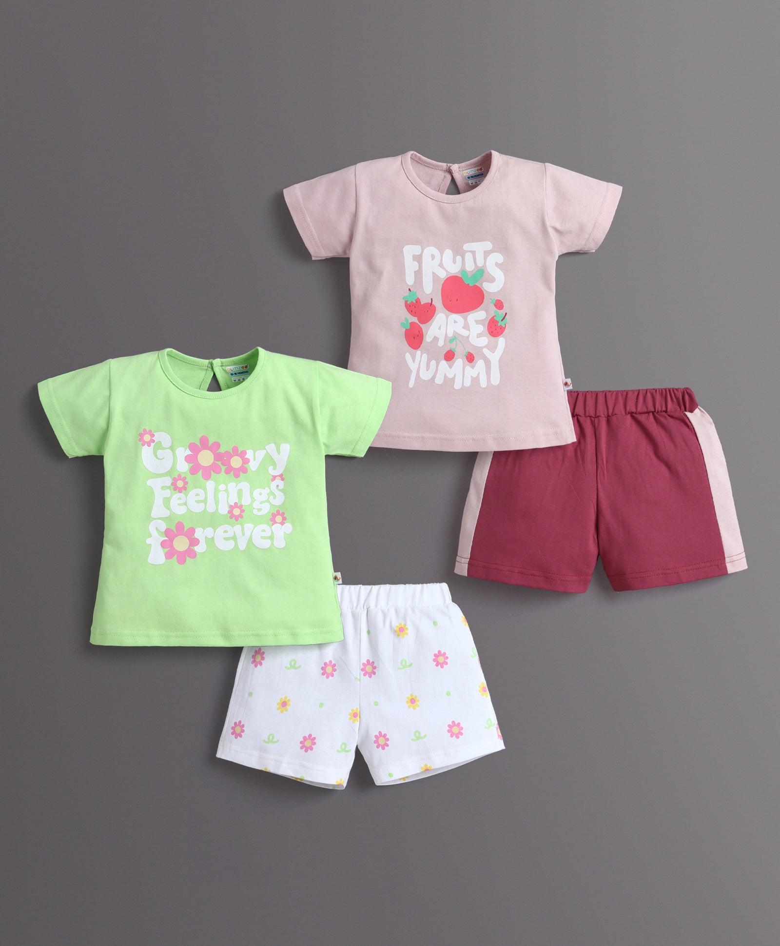 BUMZEE Green & Dusty Pink Girls Half Sleeves T-Shirt & Short Set Pack of 2