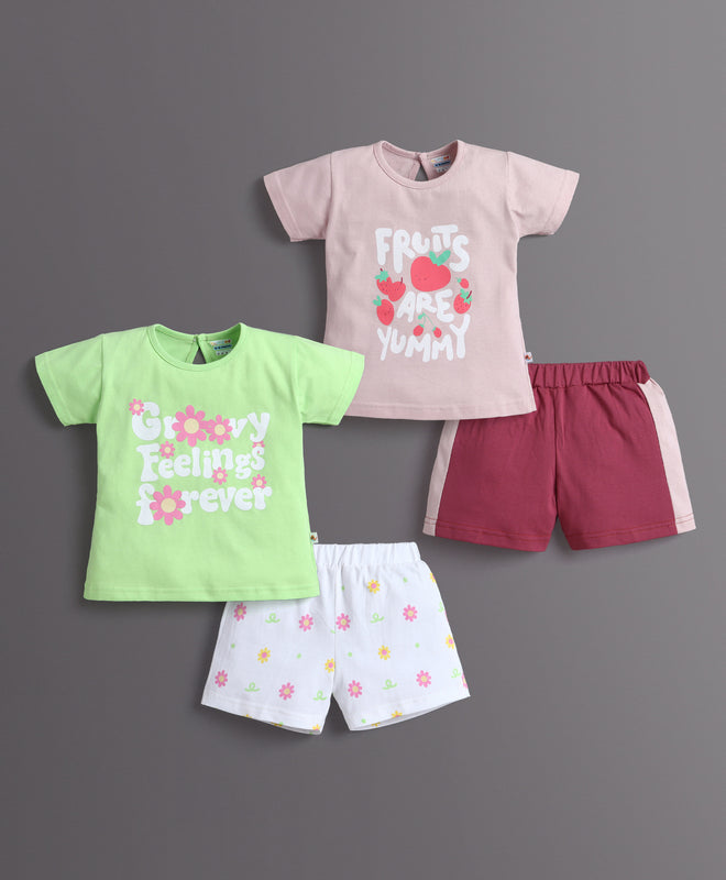 BUMZEE Green & Dusty Pink Girls Half Sleeves T-Shirt & Short Set Pack of 2