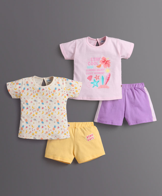 BUMZEE Pink & Beige Girls Half Sleeves T-Shirt & Short Set Pack of 2