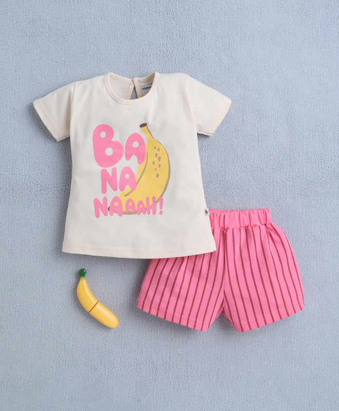 Beige & Pink Girls Half Sleeves T-Shirt & Short Set