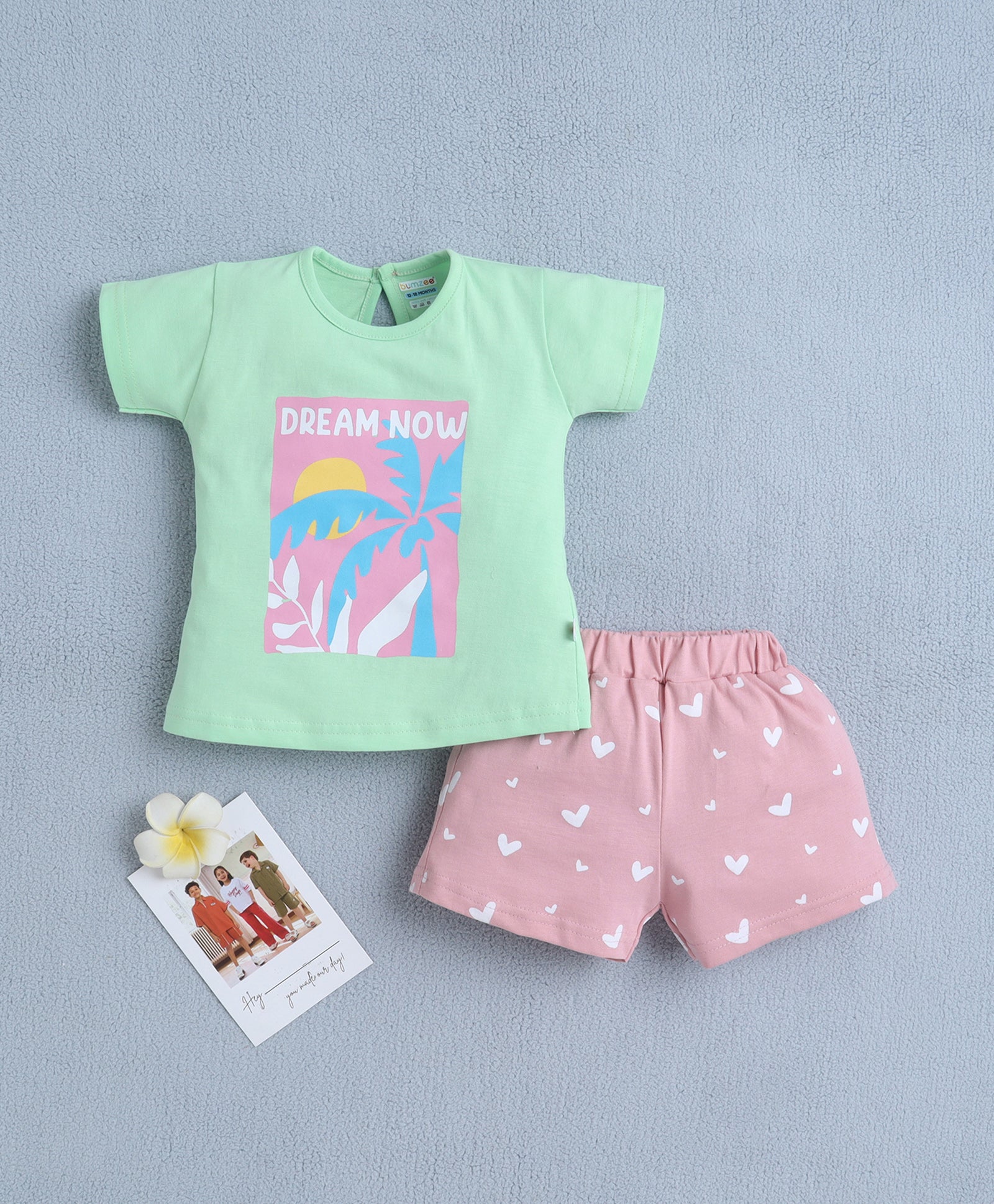 BUMZEE Green & Pink Girls Half Sleeves T-Shirt & Short Set