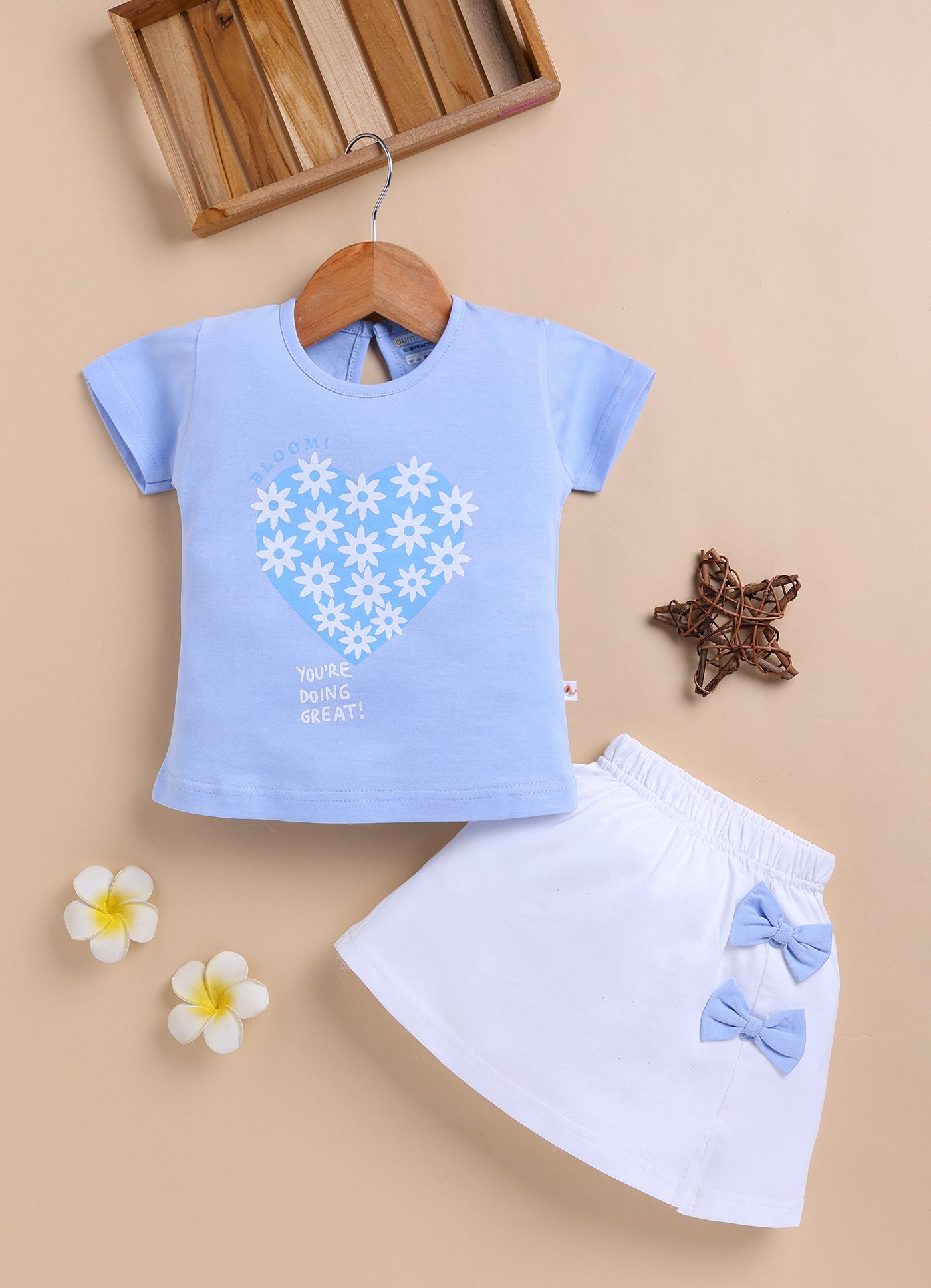 BUMZEE Sky Blue & White Girls Half Sleeves T-Shirt & Skirt Set