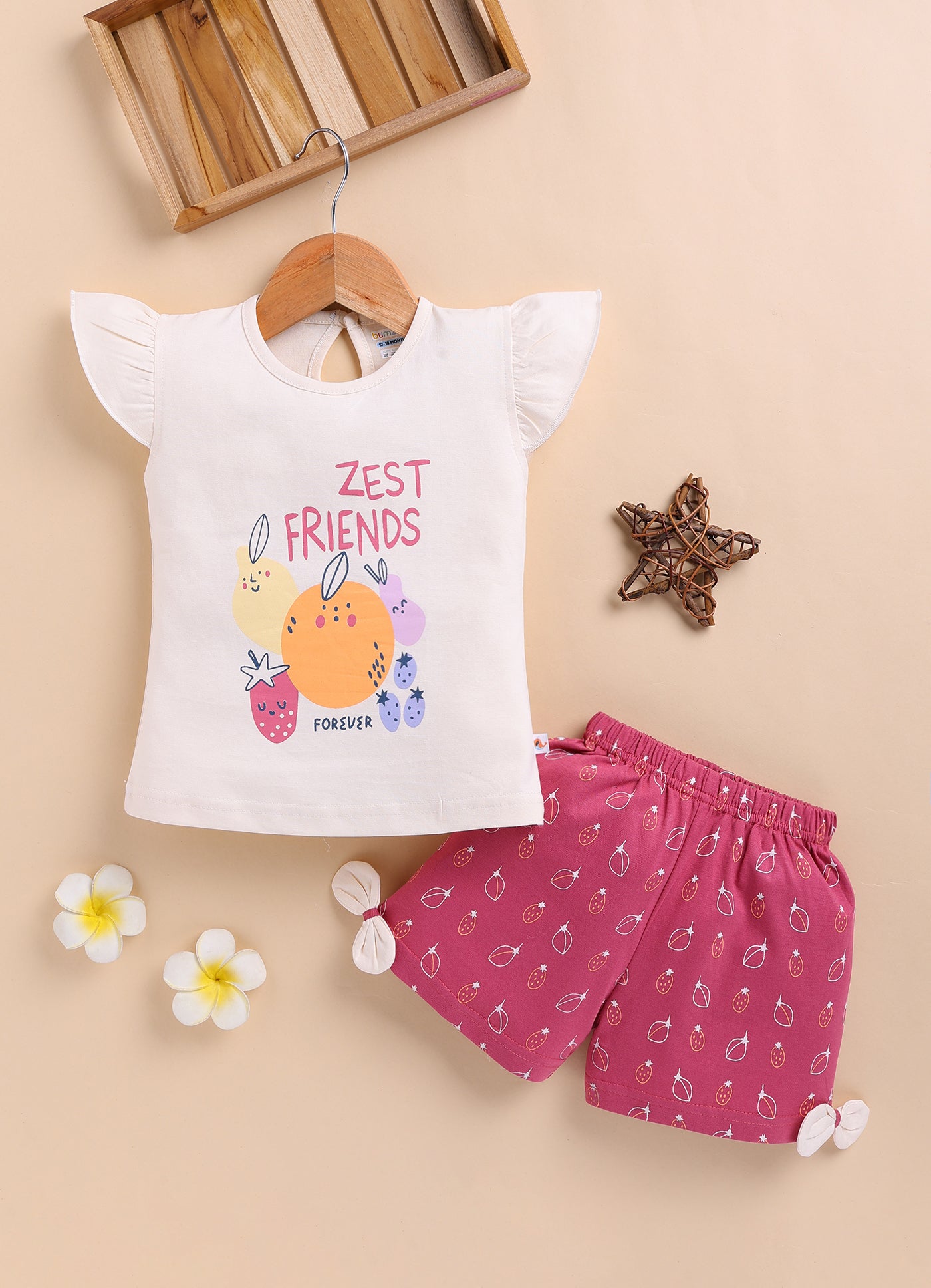 BUMZEE Beige & Pink Girls Half Sleeves T-Shirt & Short Set