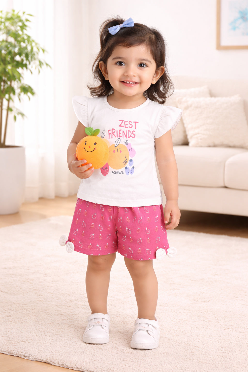 BUMZEE Beige & Pink Girls Half Sleeves T-Shirt & Short Set