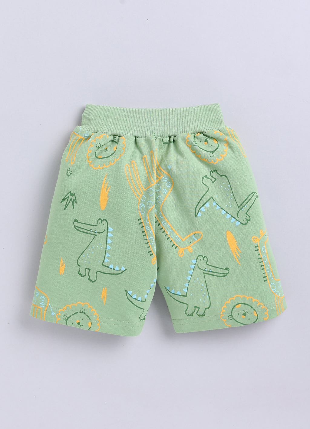 Bumzee Green Animal Print T-Shirt & Short Set, Half Sleeves, Cotton French Terry