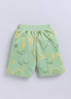 Bumzee Green Animal Print T-Shirt & Short Set, Half Sleeves, Cotton French Terry