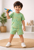 Bumzee Green Animal Print T-Shirt & Short Set, Half Sleeves, Cotton French Terry