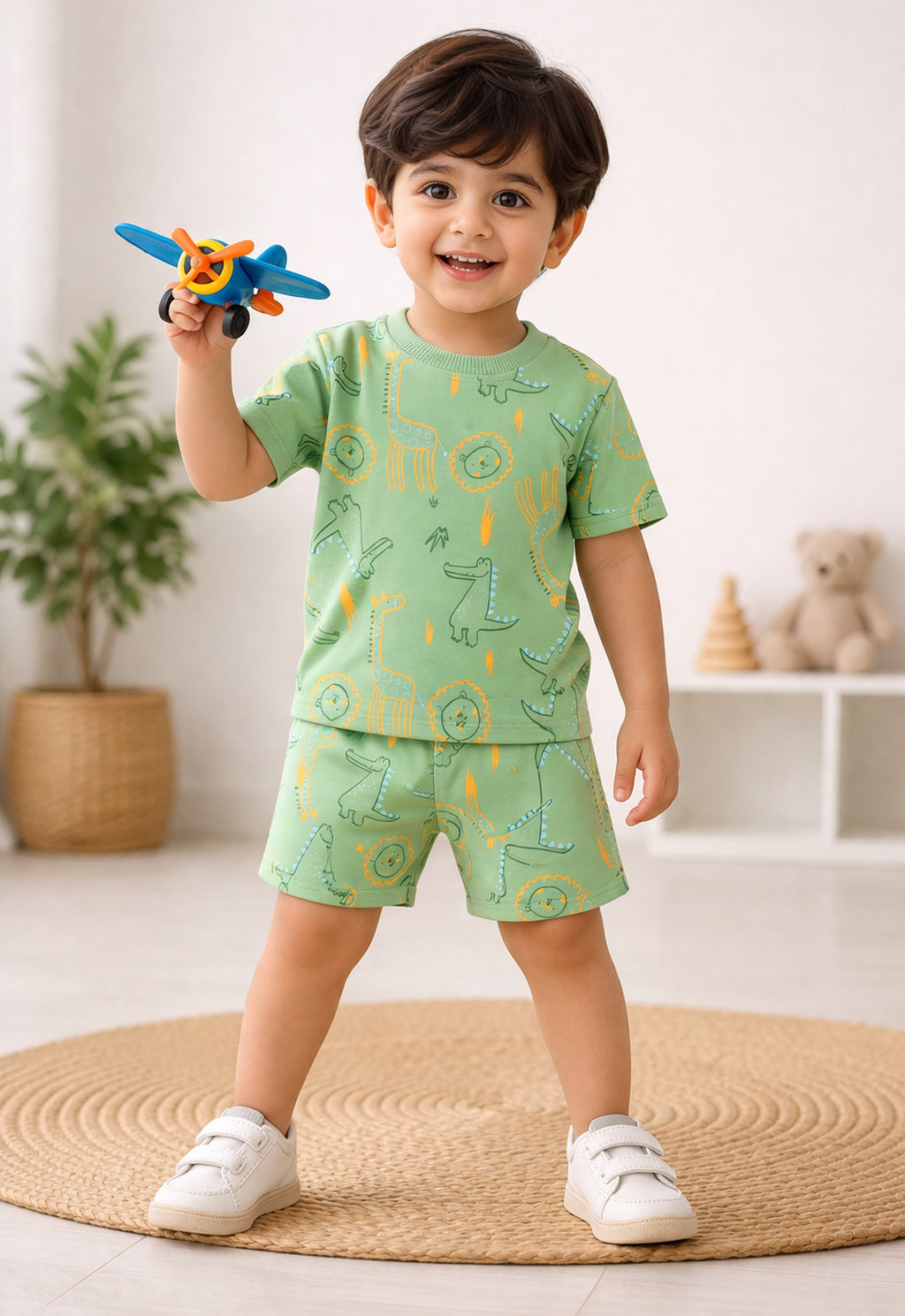 BUMZEE Green Boys Half Sleeves Oversized T-Shirt & Short Set