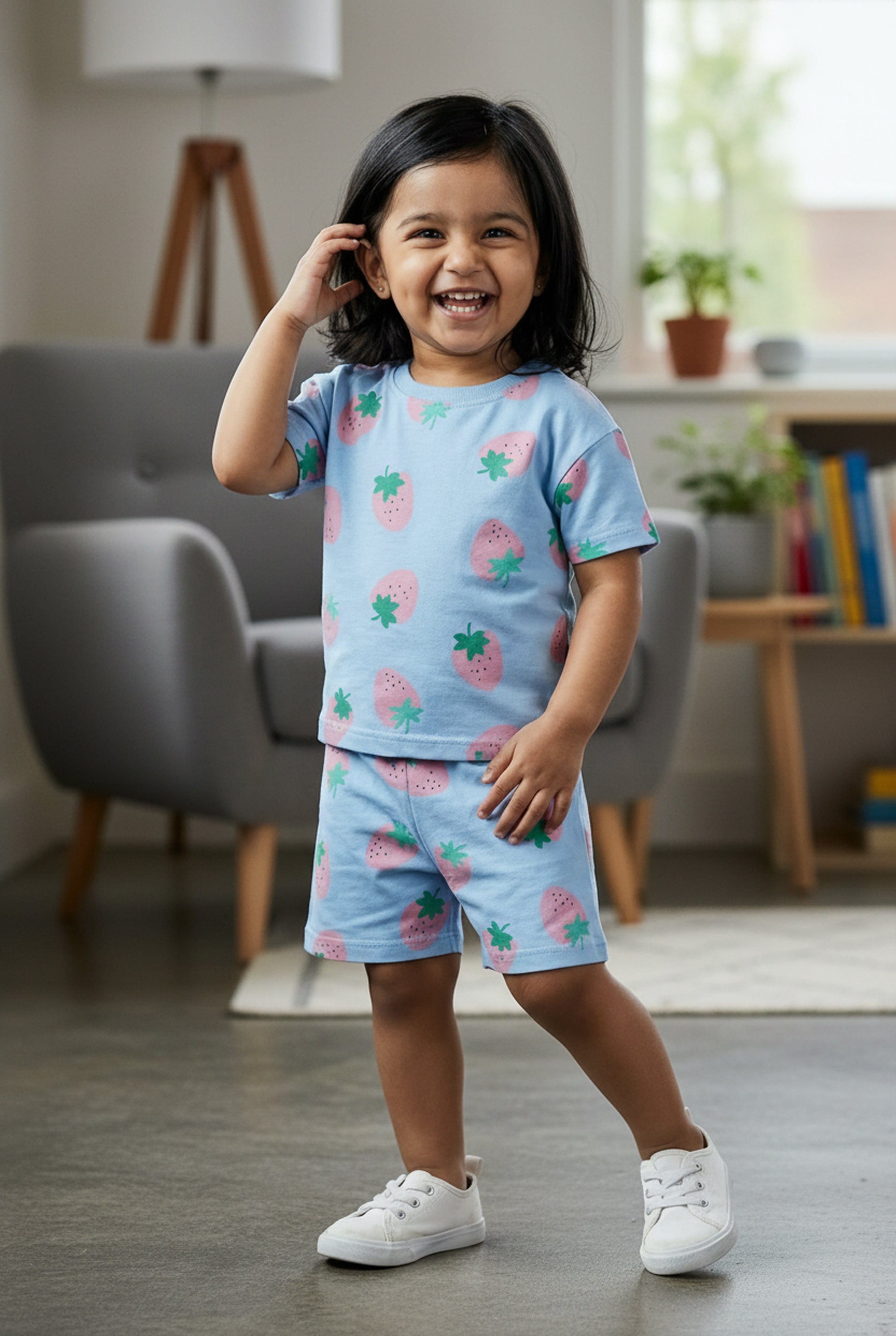 BUMZEE Sky Blue Girls Half Sleeves Oversized T-Shirt & Short Set