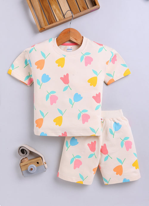 BUMZEE Beige Girls Half Sleeves Oversized T-Shirt & Short Set