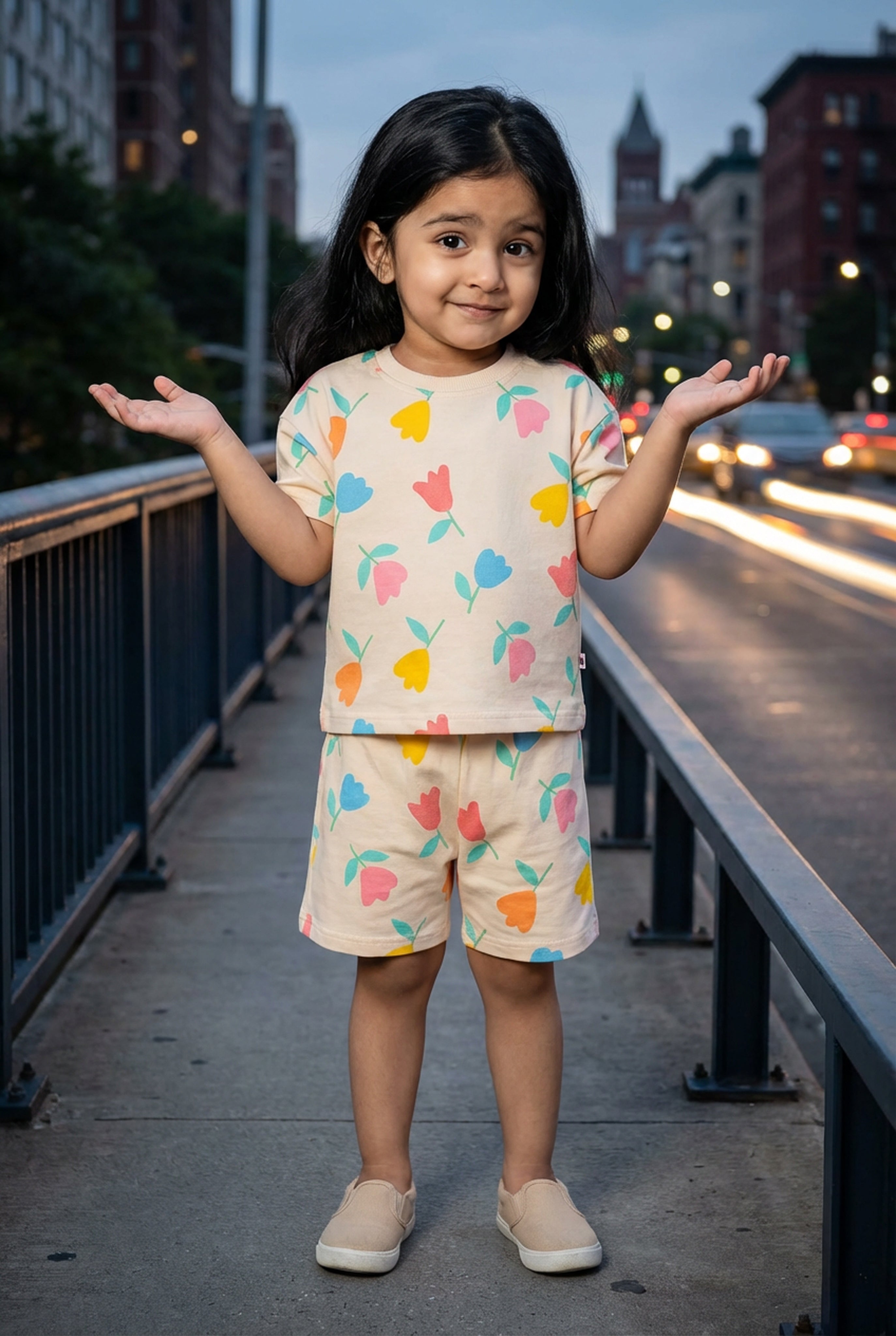 BUMZEE Beige Girls Half Sleeves Oversized T-Shirt & Short Set