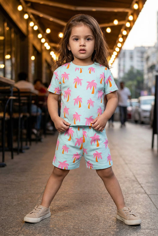 BUMZEE Mint Green Girls Half Sleeves Oversized T-Shirt & Short Set