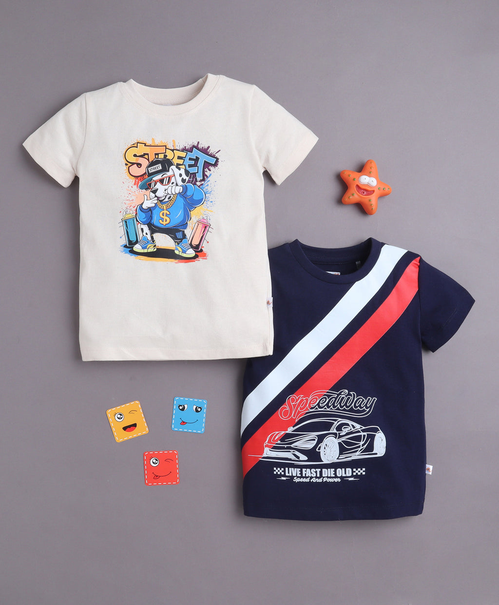 Bumzee Beige & Navy Animal Print T-Shirt, Pack of 2, Half Sleeves, 100% Cotton