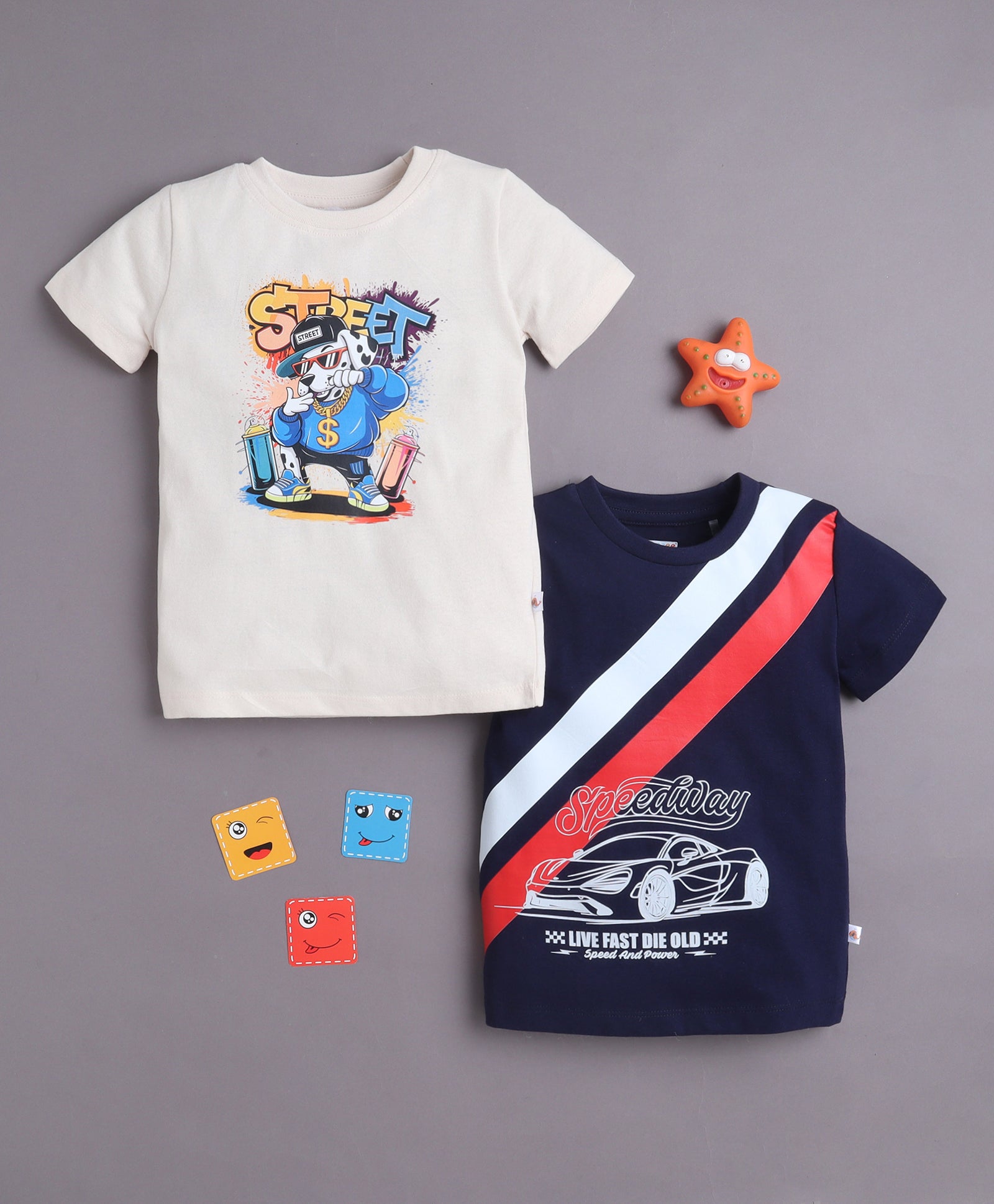 BUMZEE Beige & Navy Boys Half Sleeves Cotton T-Shirts Pack Of 2