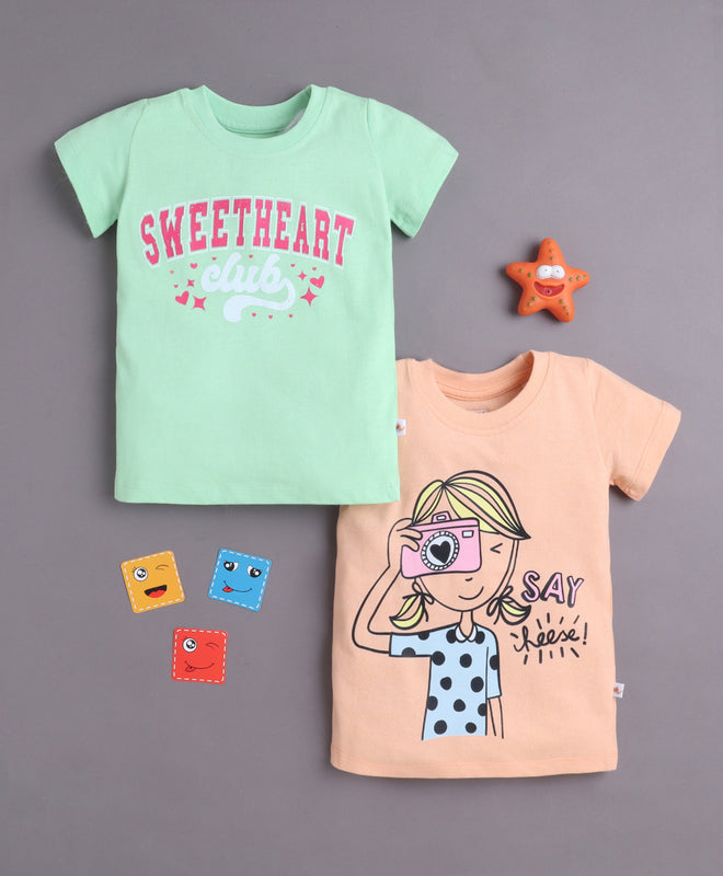 BUMZEE Peach & Green Girls Half Sleeves Cotton T-Shirts Pack Of 2