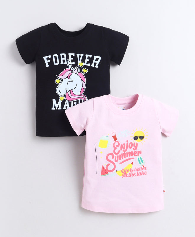 BUMZEE Pink & Black Girls Half Sleeves Cotton T-Shirts Pack Of 2