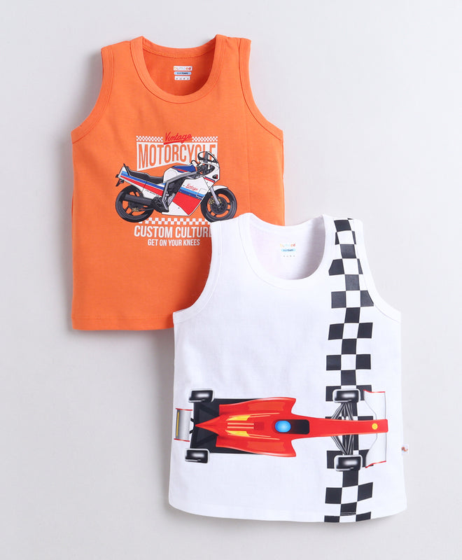 BUMZEE Orange & White Boys Sleeveless Cotton T-Shirts Pack Of 2