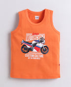 Bumzee Orange & White Graphic Print T-Shirt, Pack of 2, Sleeveless, 100% Cotton