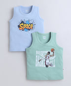 Bumzee Green & Sky Blue Graphic Print T-Shirt, Pack of 2, Sleeveless, 100% Cotton