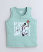 Bumzee Green & Sky Blue Graphic Print T-Shirt, Pack of 2, Sleeveless, 100% Cotton