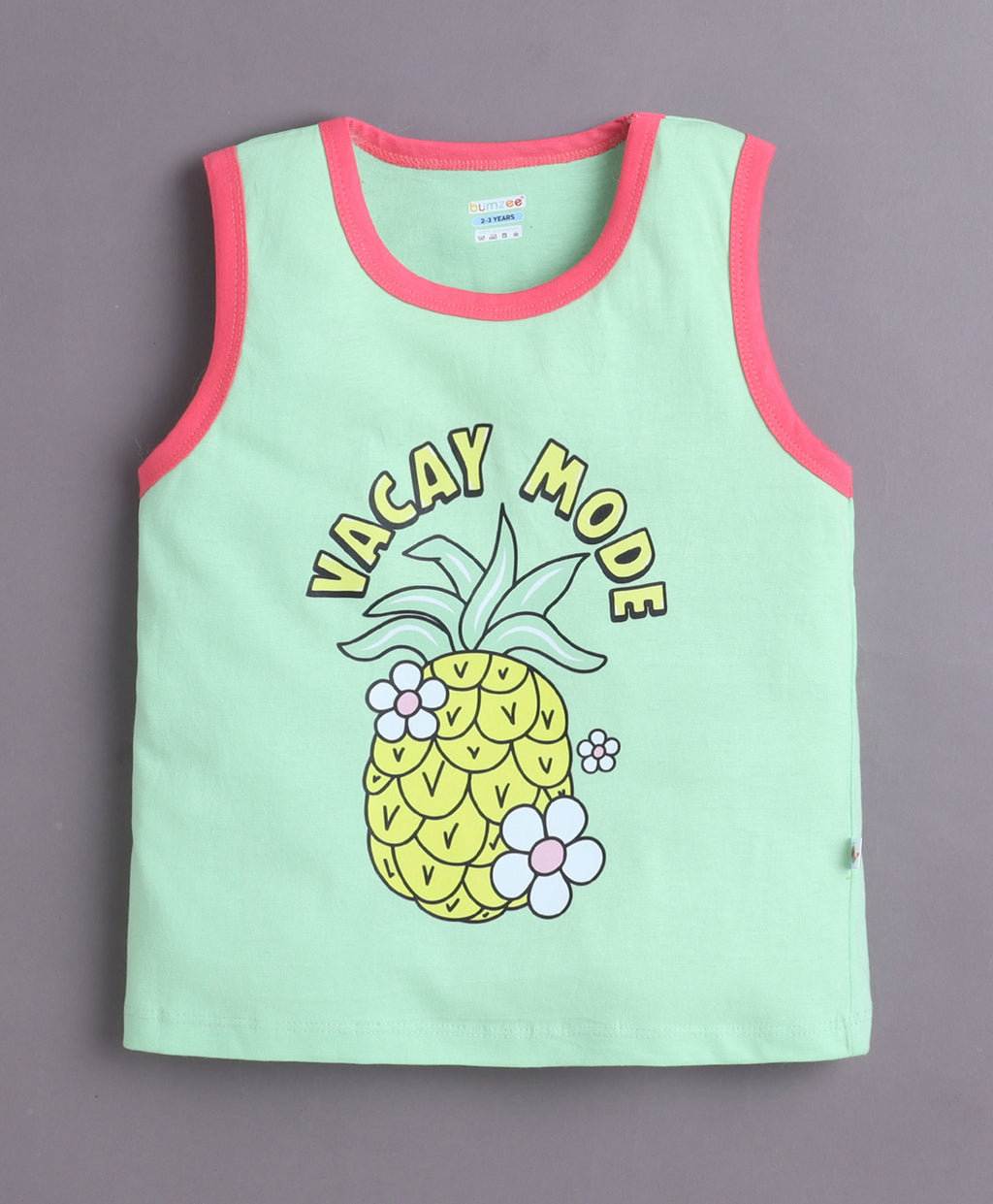 Bumzee Green & Pink Graphic Print T-Shirt, Pack of 2, Sleeveless, 100% Cotton