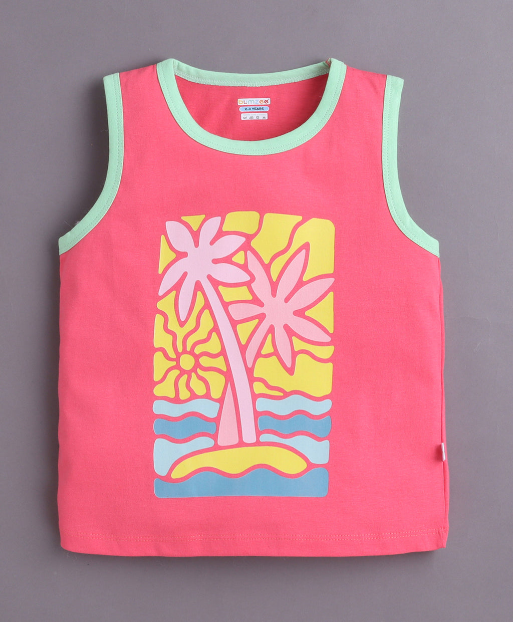 Bumzee Green & Pink Graphic Print T-Shirt, Pack of 2, Sleeveless, 100% Cotton