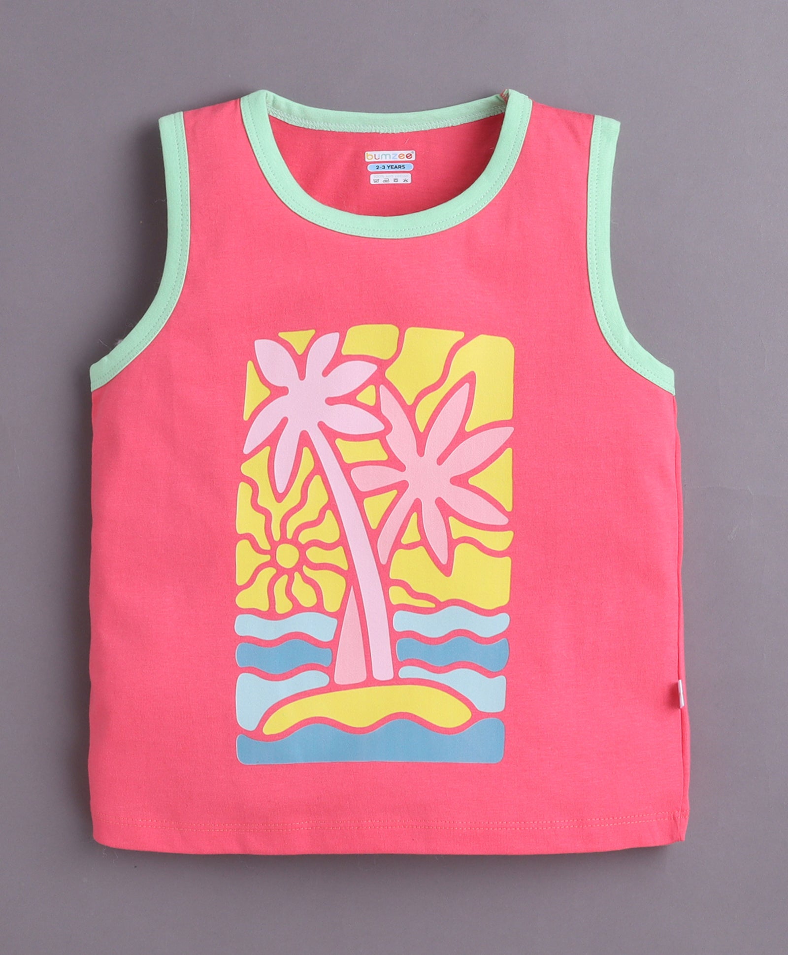 BUMZEE Green & Pink Girls Sleeveless Cotton T-Shirts Pack Of 2