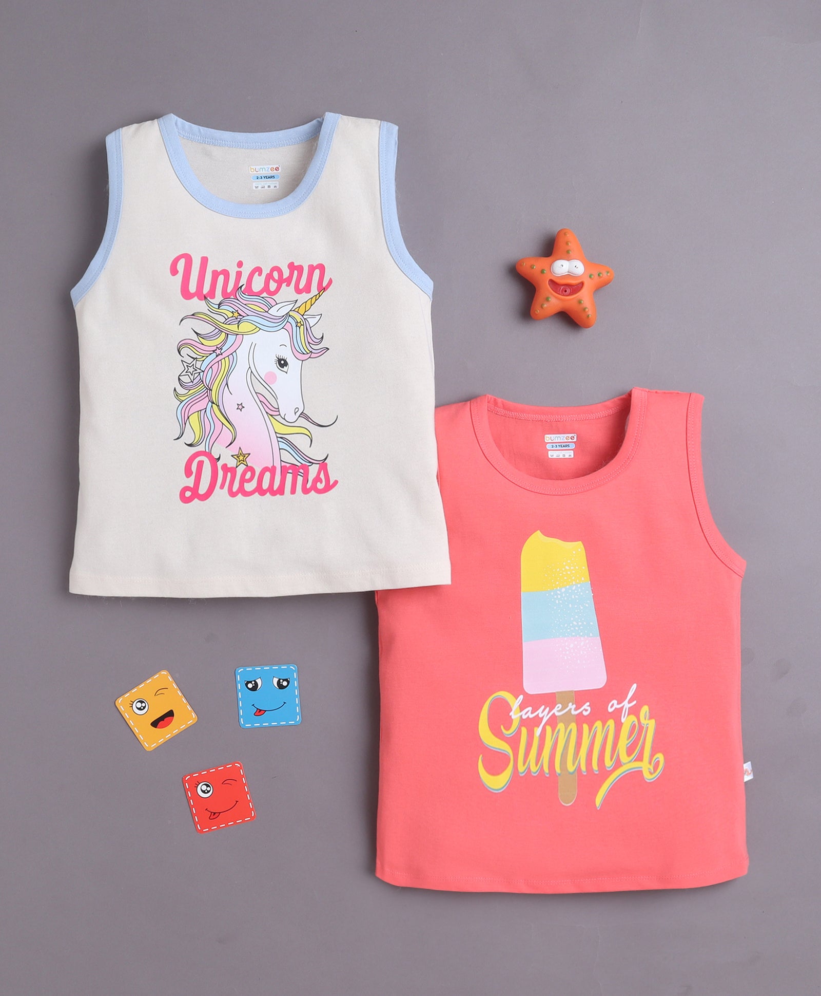 BUMZEE Beige & Coral Girls Sleeveless Cotton T-Shirts Pack Of 2