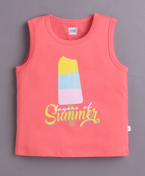 BUMZEE Beige & Coral Girls Sleeveless Cotton T-Shirts Pack Of 2