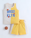 Bumzee Yellow & Beige Graphic Print T-Shirt & Short Set, Sleeveless, 100% Cotton
