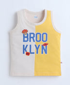 Bumzee Yellow & Beige Graphic Print T-Shirt & Short Set, Sleeveless, 100% Cotton