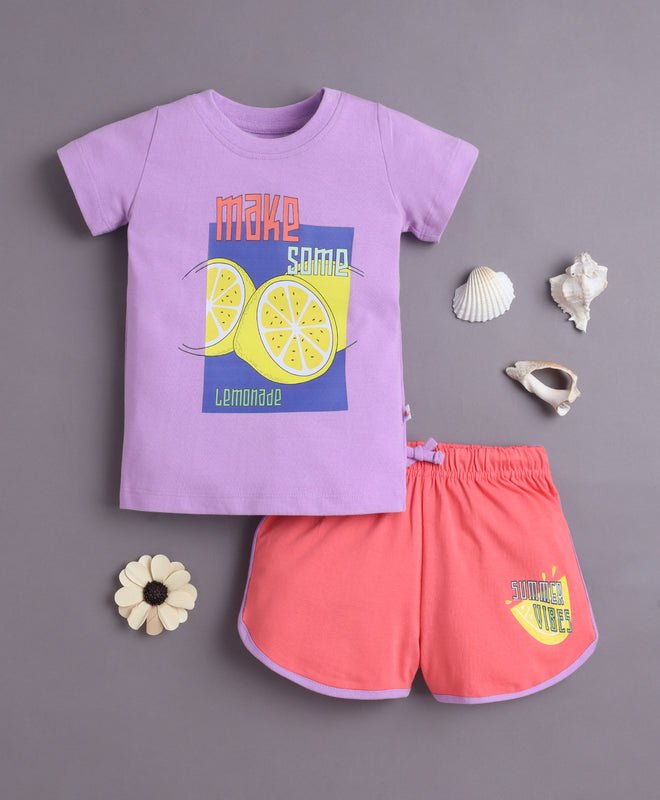 BUMZEE Purple & Coral Girls Half Sleeves T-Shirt & Short Set