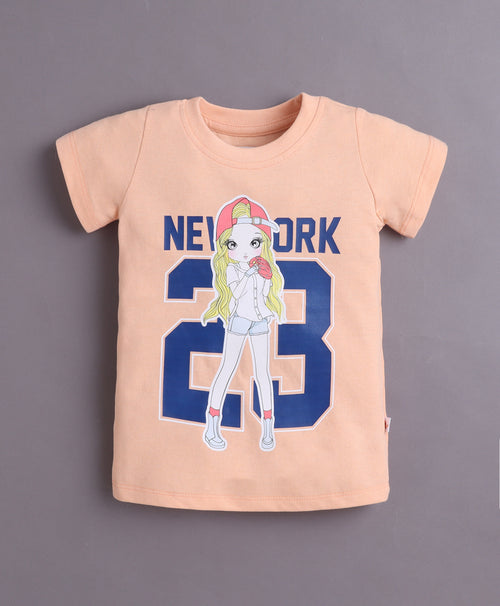 Girls 100% Cotton Graphic Print T-Shirt & Short Set - Peach