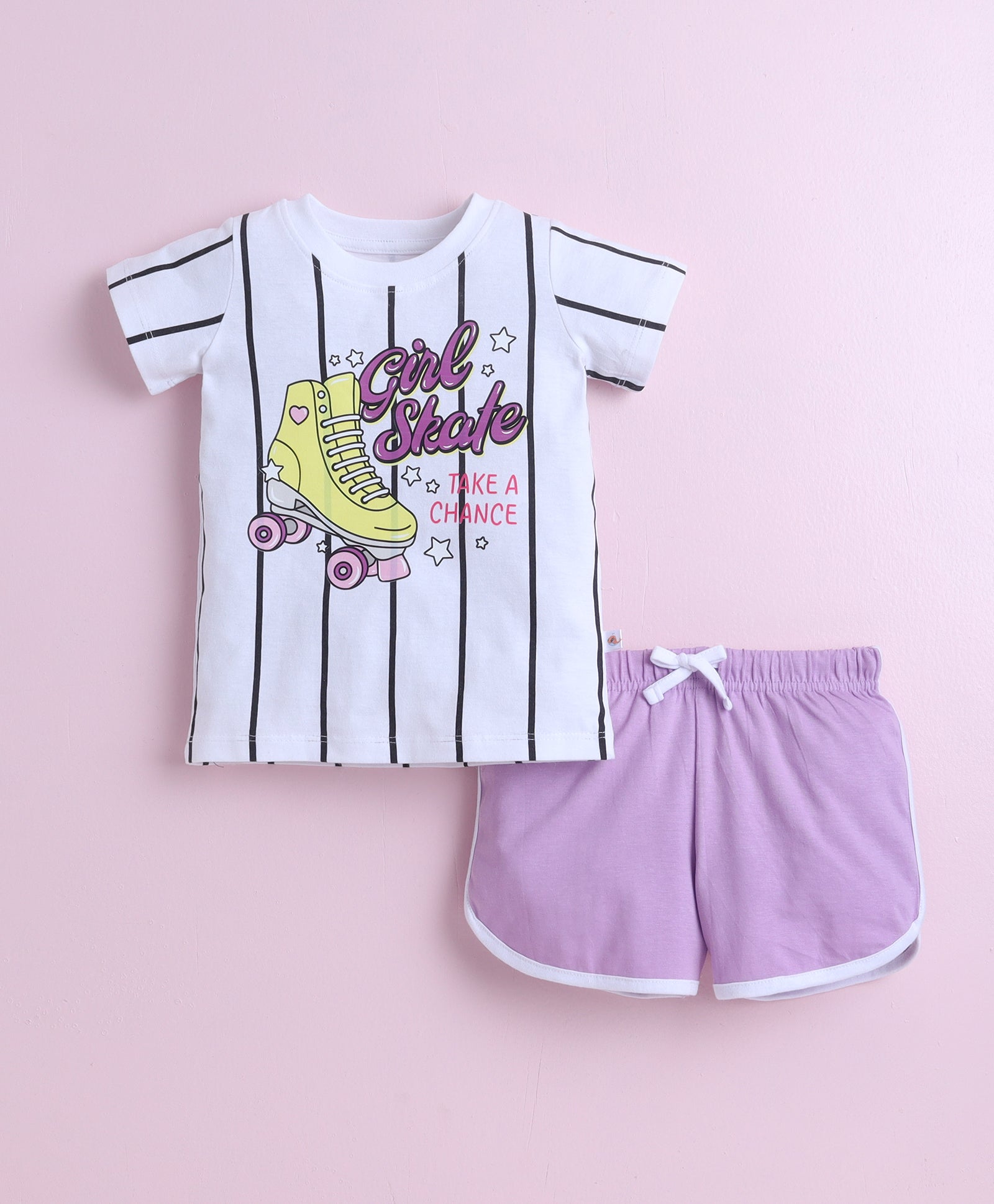 BUMZEE White & Lavender Girls Half Sleeves T-Shirt & Short Set