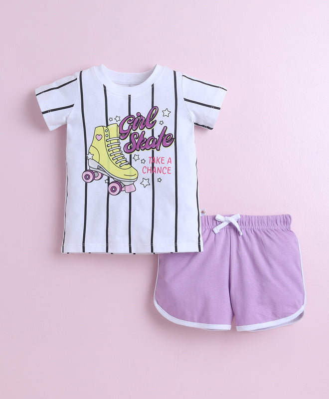 BUMZEE White & Lavender Girls Half Sleeves T-Shirt & Short Set