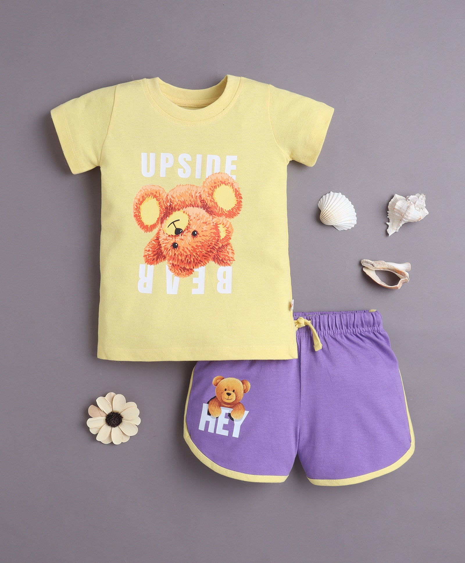 BUMZEE Yellow & Purple Girls Half Sleeves T-Shirt & Short Set